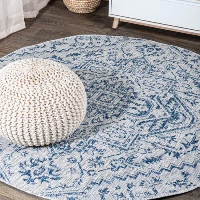 Jonathan Y Estrella Bohemian Medallion Textured Weave Indoor/outdoor Round Area Rug In Navy/gray