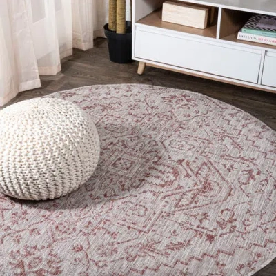 Jonathan Y Estrella Bohemian Medallion Textured Weave Indoor/outdoor Round Area Rug In Burgundy