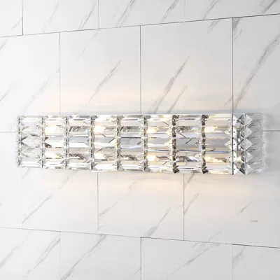 Jonathan Y Evelyn Crystal Rectangle 31.75" 4-light Iron/crystal Glam Modern Led Vanity Light In Transparent