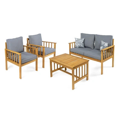 Jonathan Y Everly 4-piece Modern Cottage Acacia Wood Outdoor Patio Set With Cushions And Tropical Decorative Pi In Brown