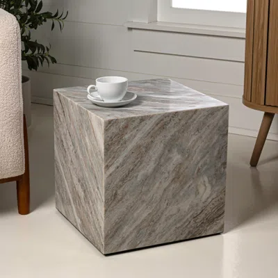 Jonathan Y Felix 15" Contemporary Natural Marble Handmade Cube End Table, Gray/beige