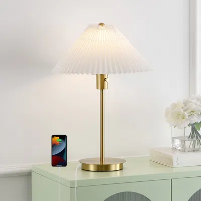 Jonathan Y Freida 21.25" Modern Glam Metal Column Led Table Lamp With Usb Charging Port And Pleated Shade, Bras In Gold