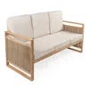 JONATHAN Y GABLE 3-SEAT MID-CENTURY MODERN ROPED ACACIA WOOD OUTDOOR SOFA WITH CUSHIONS, BEIGE/LIGHT TEAK