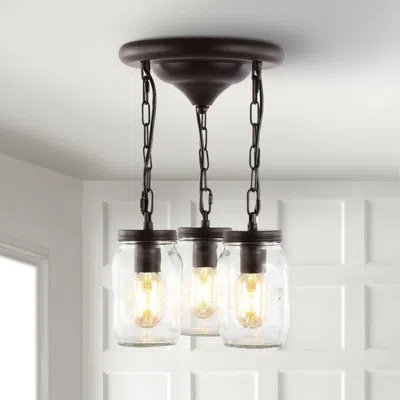 Jonathan Y Gaines 11" 3-light Farmhouse Industrial Iron Mason Jar Led Semi Flush Mount In Black