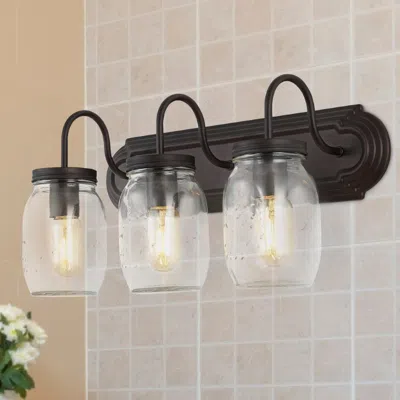 Jonathan Y Gaines 19.3" 3-light Farmhouse Industrial Iron Mason Jar Led Vanity In Black