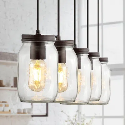 Jonathan Y Gaines 33.25" 5-light Farmhouse Industrial Iron Mason Jar Linear Led Pendant In Black