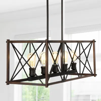 Jonathan Y Galax 30" 5-light Adjustable Iron Farmhouse Industrial Led Dimmable Pendant In Brown