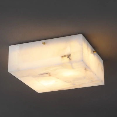 Jonathan Y Giulia 13" 2-light Modern Contemporary Alabaster/iron Square Led Flush Mount, White Marbling/brass G In Gold