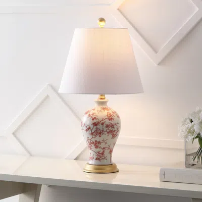 Jonathan Y Grace French Country Cottage Ceramic/iron Floral Urn Led Table Lamp In White/red