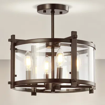 Jonathan Y Hampdon 15" Iron/glass Modern Drum Led Flush Mount In Brown