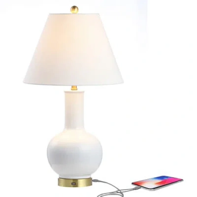 Jonathan Y Han 27" Ceramic/iron Contemporary Usb Charging Led Table Lamp, White/brass Gold