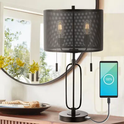 Jonathan Y Hank 27" 2-light Industrial Farmhouse Iron Led Table Lamp With Usb Charging Port In Black