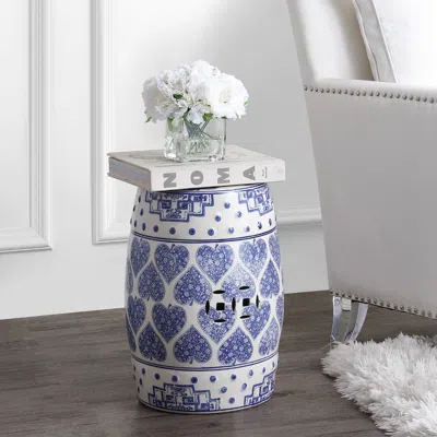 Jonathan Y Happy Hearts 17.8" Chinoiserie Ceramic Drum Garden Stool In Blue