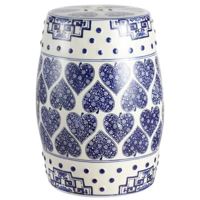 Jonathan Y Happy Hearts 17.8" Chinoiserie Ceramic Drum Garden Stool In Blue