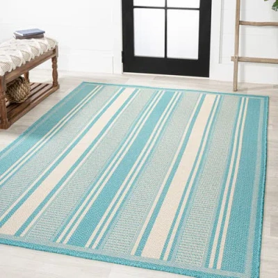 Jonathan Y Haynes Modern Double Stripe Indoor/outdoor Area Rug In Aqua/beige