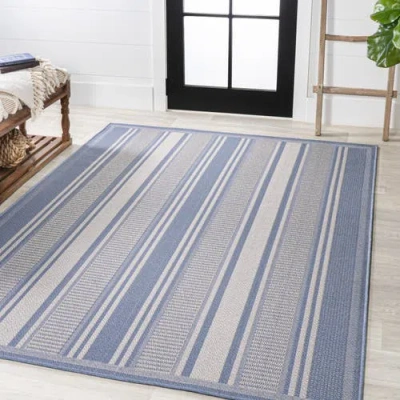 Jonathan Y Haynes Modern Double Stripe Indoor/outdoor Area Rug In Blue/light Gray