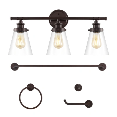 Jonathan Y Hollis 23.75" 3-light Traditional Farmhouse Vanity Light With Bathroom Hardware Accessory Set, Oil R In Black
