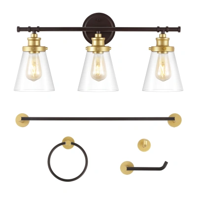 Jonathan Y Hollis 23.75" 3-light Traditional Farmhouse Vanity Light With Bathroom Hardware Accessory Set, Oil R In Brown
