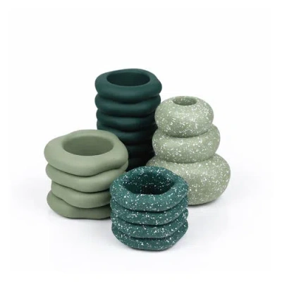 Jonathan Y Hollis Modern Minimalist Handmade Concrete Stacked Ring Planter Set With Drainage Holes In Green