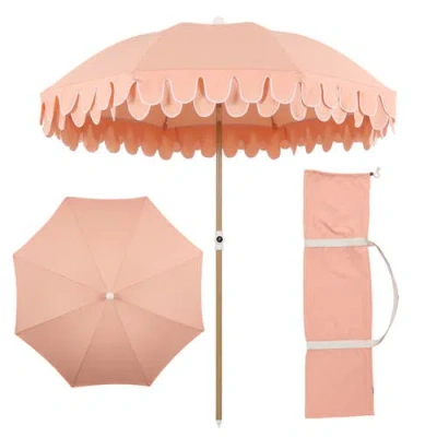 Jonathan Y Horizon 6.5 Ft. Classic Midcentury Scalloped Fringe Market Beach Umbrella With Push-butto In Pink