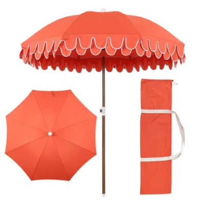 Jonathan Y Horizon 6.5 Ft. Classic Midcentury Scalloped Fringe Market Beach Umbrella With Push-butto In Orange