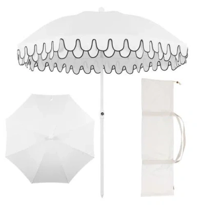 Jonathan Y Horizon 6.5 Ft. Classic Midcentury Scalloped Fringe Market Beach Umbrella With Push-butto In White