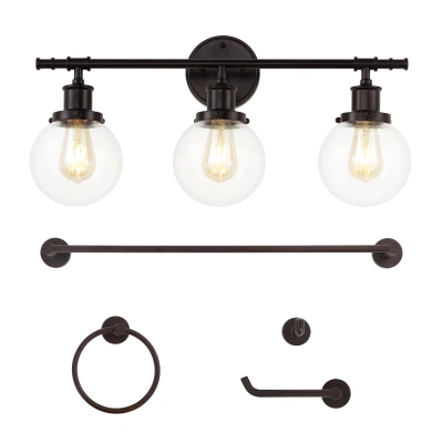Jonathan Y Hugo 24.5" 3-light Farmhouse Classic Vanity Light With Bathroom Hardware Accessory Set, Oil Rubbed B In Black