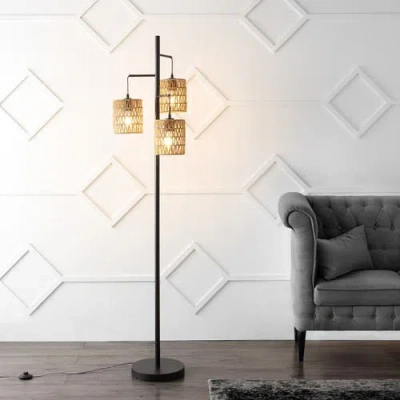 Jonathan Y Isla 3-light Mid-century Bohemian Metal/rope Led Floor Lamp In Black
