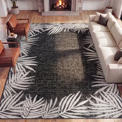 Jonathan Y Isla Coastal Cottage Palm Frond Border Indoor/outdoor Area Rug In Dark Gray/ivory