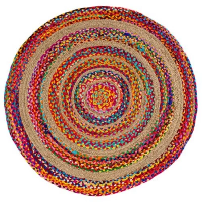 Jonathan Y Isla Round Boho Braided Rag & Jute Round Area Rug In Multi/natural