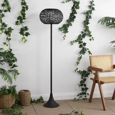 Jonathan Y Jaemin 58" Modern Coastal Faux Rattan Integrated Indoor/outdoor Led Solar Powered Floor Lamp In Black