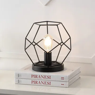 Jonathan Y James Midcentury Glam Metal/marble Geometric Led Table Lamp In Jet Black