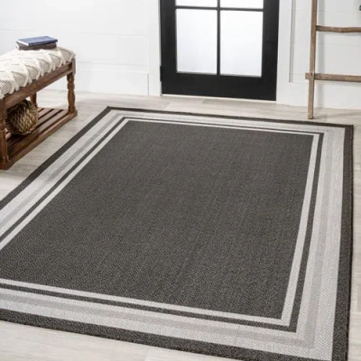 Jonathan Y James Modern Border Stripe Indoor/outdoor Area Rug In Black/cream