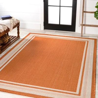 Jonathan Y James Modern Border Stripe Indoor/outdoor Area Rug In Orange/cream