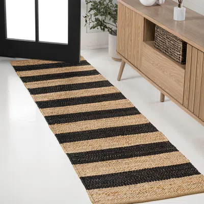 Jonathan Y Jayden Rustic Farmhouse Woven Jute Stripe Natural/bleach 3 Ft. X 5 Ft. Area Rug In Black