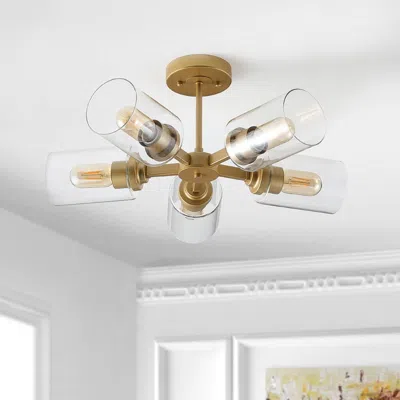 Jonathan Y Jaynie 21.5" 5-light Farmhouse Industrial Iron Cylinder Led Semi Flush Mount In Gold