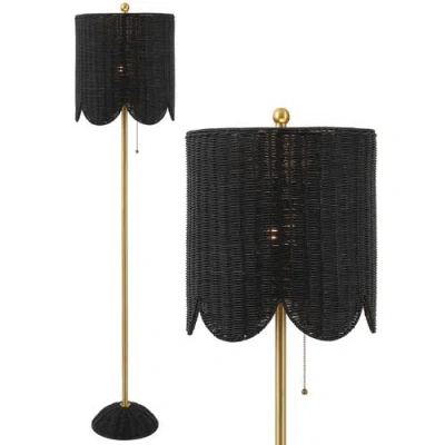 Jonathan Y Joel Scallop Shade Rattan/metal Led Floor Lamp With Pull Chain In Black