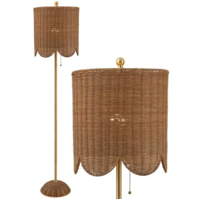 Jonathan Y Joel Scallop Shade Rattan/metal Led Floor Lamp With Pull Chain In Brown