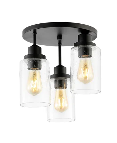 Jonathan Y Jonah 12" 3-light Bohemian Farmhouse Iron, Seeded Glass Led Semi Flush Mount In Black