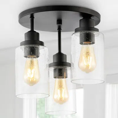 Jonathan Y Jonah 12" 3-light Bohemian Farmhouse Iron/seeded Glass Led Semi Flush Mount In Black