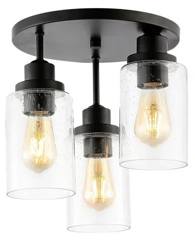 Jonathan Y Jonah 12in 3-light Bohemian Farmhouse Iron/seeded Glass Led Semi Flush Mount In Black