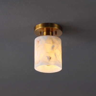 Jonathan Y Jules 5.13" 1-light Modern Contemporary Alabaster/iron Cylinder Led Semi Flush Mount, White Marbling In Gold