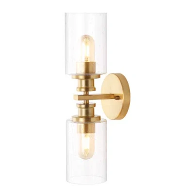 Jonathan Y Jules Cylinder 2-light Iron/seeded Glass Farmhouse Contemporary Led Wall Sconce In Brass Gold