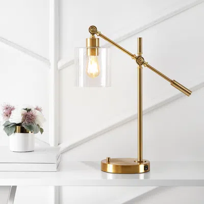 Jonathan Y Kathryn Classic 23" Iron/seeded Glass Adjustable Head Modern Usb Charging Led Task Lamp In Gold