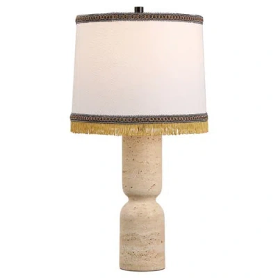 Jonathan Y Lacy Organic Modern Sculptural Hourglass Travertine Stone With Fringed Drum Shade Led Tab In Multi