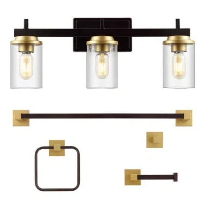 Jonathan Y Liam 23.25" 3-light Farmhouse Industrial Vanity Light With Bathroom Hardware Accessory Se In Bronze/gold Painting