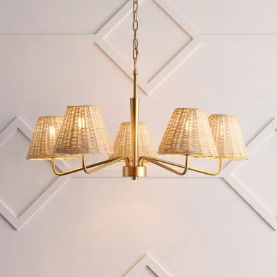 Jonathan Y Libby 30" 5-light Modern Coastal Sleek Woven Rattan/iron Led Chandelier, Gold Painting/light Brown