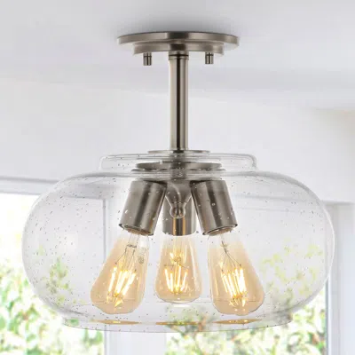 Jonathan Y Lina 13.75" 3-light Modern Industrial Iron/seeded Glass Led Semi Flush Mount In Metallic