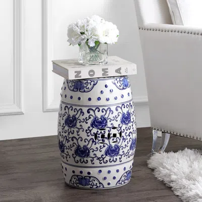 Jonathan Y Lotus Flower 17.8" Chinoiserie Ceramic Drum Garden Stool In White