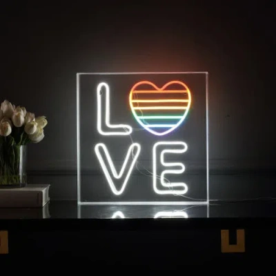 Jonathan Y Love Square Contemporary Glam Acrylic Box Usb Operated Led Neon Light In White/rainbow
